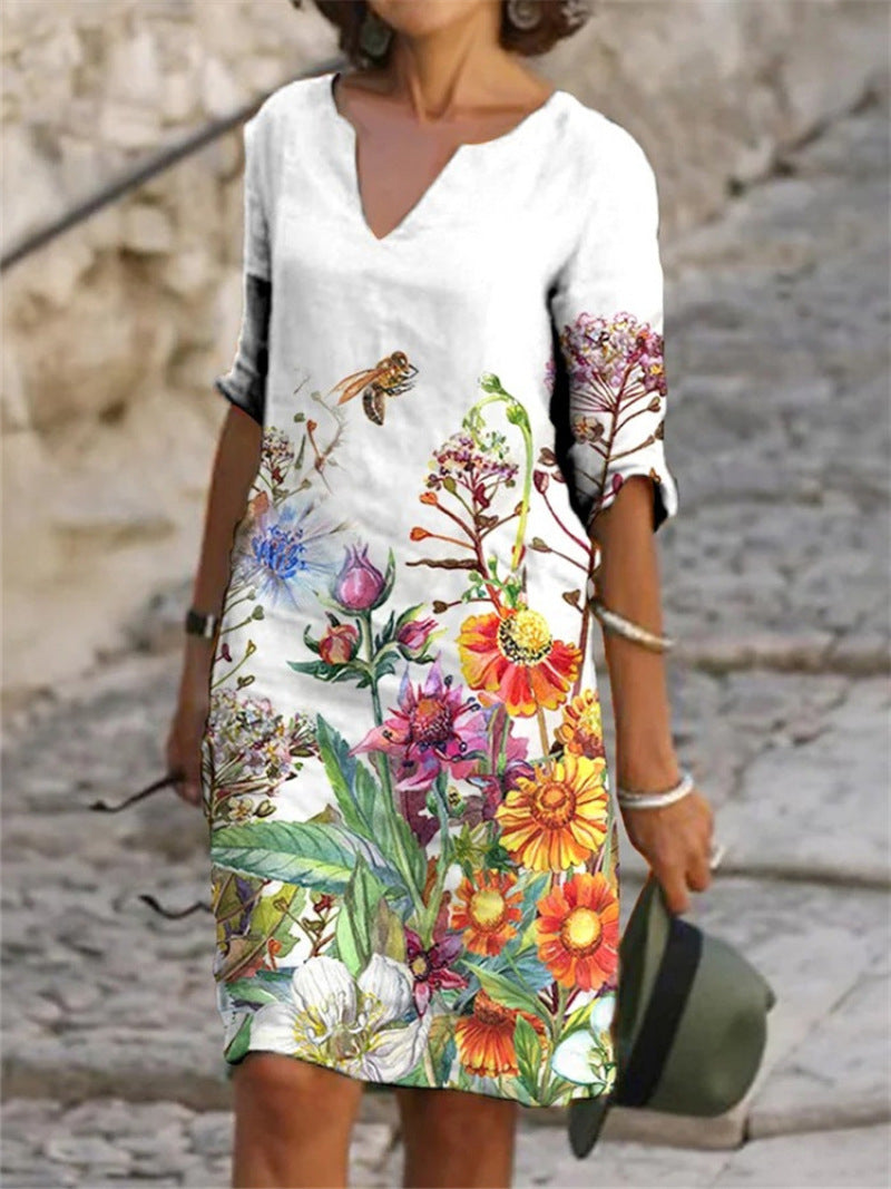 Jacqueline™ - Lente V-hals Drie-Kwart Mouwen Jurk